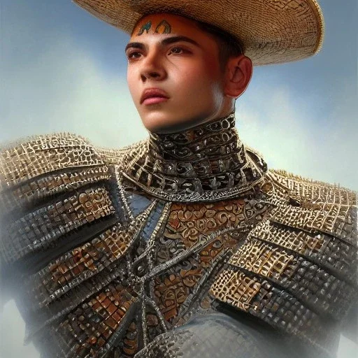 portrait,"Insanely detailed photograph of an armored mariachi warrior", intricate chainmail charo, large colorful Sombrero,elegant cape, highly detailed D20, digital painting, artstation, concept art, smooth, sharp focus, illustration, art by artgerm and greg rutkowski and alphonse mucha, 8 k