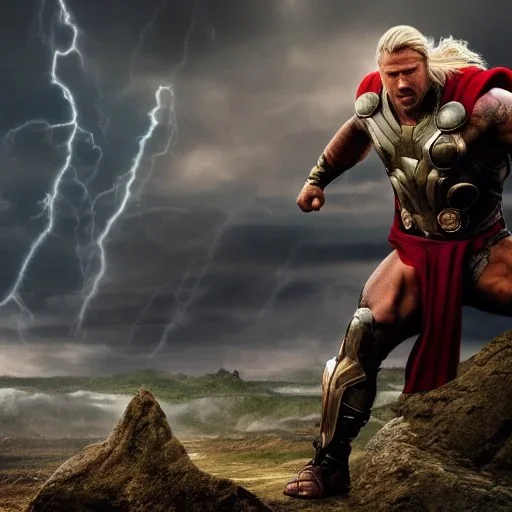 Fantasy, Dwayne Johnson as thor, heroic, award winning, insanely detailed, sunlit, realistic, fighting,acrylic paint, 8k resolution, hdr