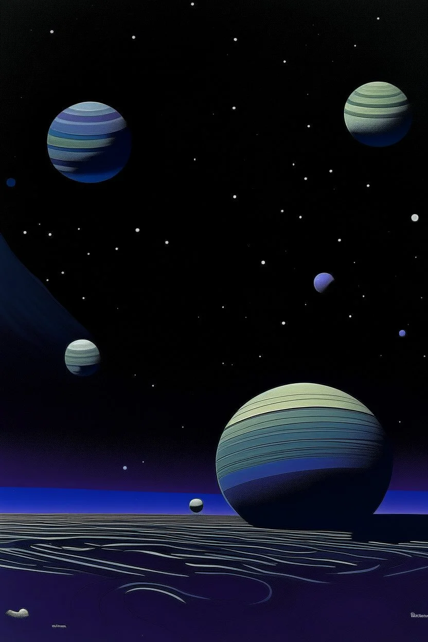 A dark bluish violet space with a small planet and moons painted by John Brack