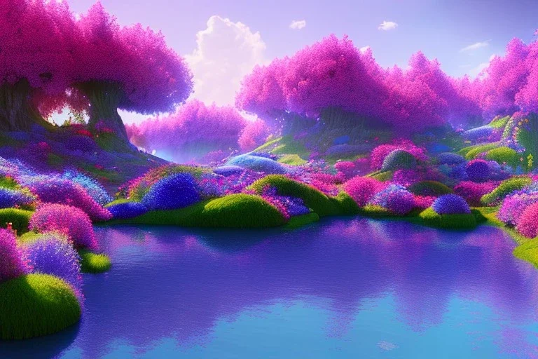 monde en fleurs, blue lake, flower tree-houses, concept art, crépuscule , fuksia bleu oranger, vibrant Color, réaliste, riviere bleu, tree-house bougainvillier, roses