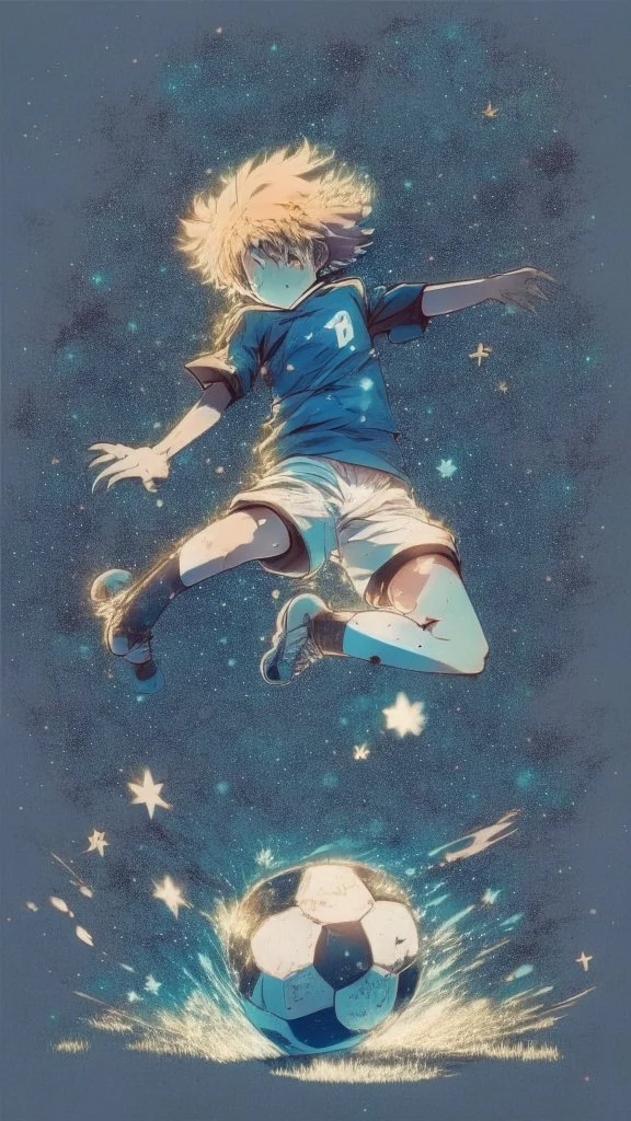 anime soccer player kicking the ball covered in stars