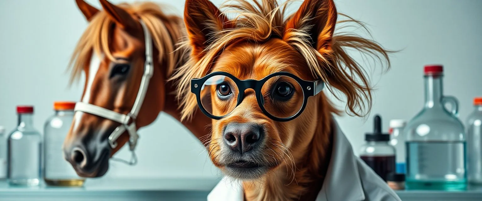 we absolutely should mix horses and dogs scientist lab, mad scientist portrait