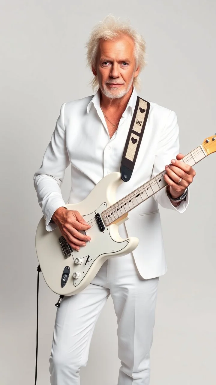 Sting in his 70th old , all dressed in white holding a white guitar white background all white picture including his hair