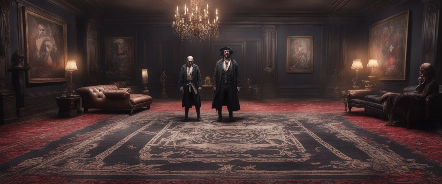 Hyper Realistic huge dark mansion lounge with Zombie-pirate standing on a ritual pentagram on an old carpet