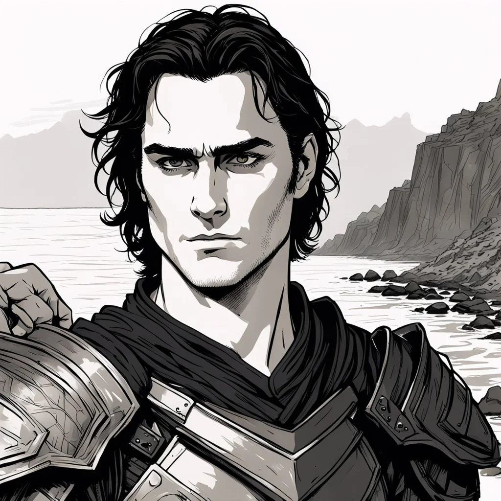 A portrait of Joaquin Phoenix in his early 30s, long beachy haircut, black hair, on a rocky island, in ebony armor from Skyrim, melancholic and dangerous facial expression, half-smiling, drawn in the style of ink manga sketch