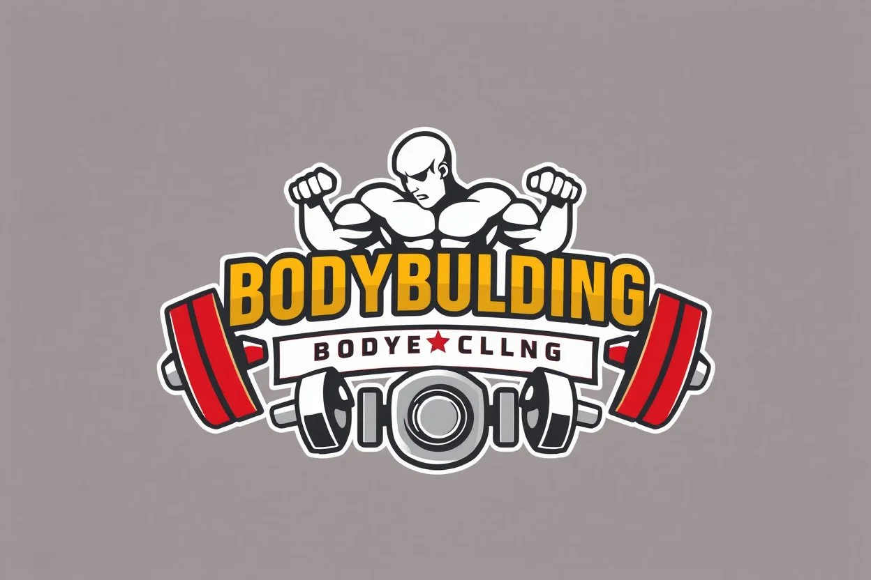 Bodybuilding design for a club with a logo of weights and club equipment below the image and using the symbols of this sport in a white, red, gold and silver color theme.