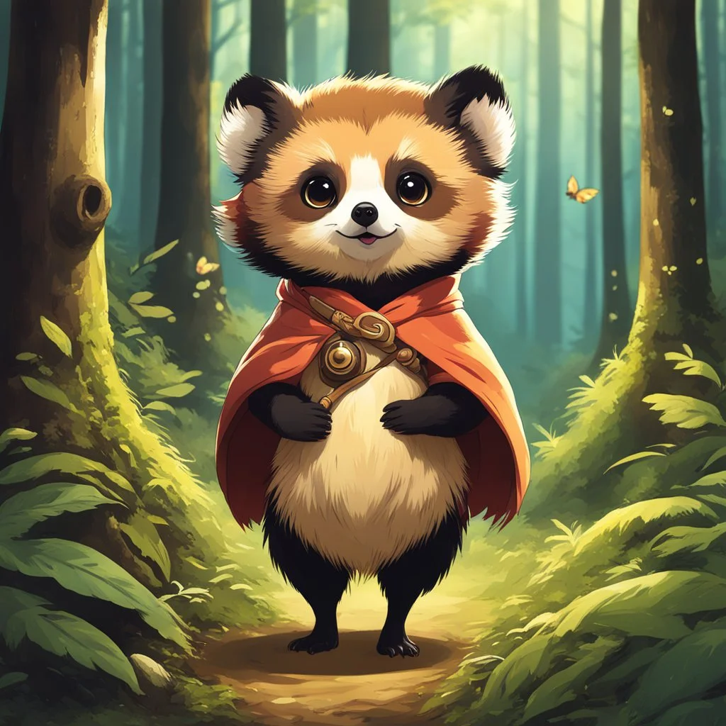 Adorable Tanuki: a half-tanuki half-human chick in the forest. she is a mythical animal creature