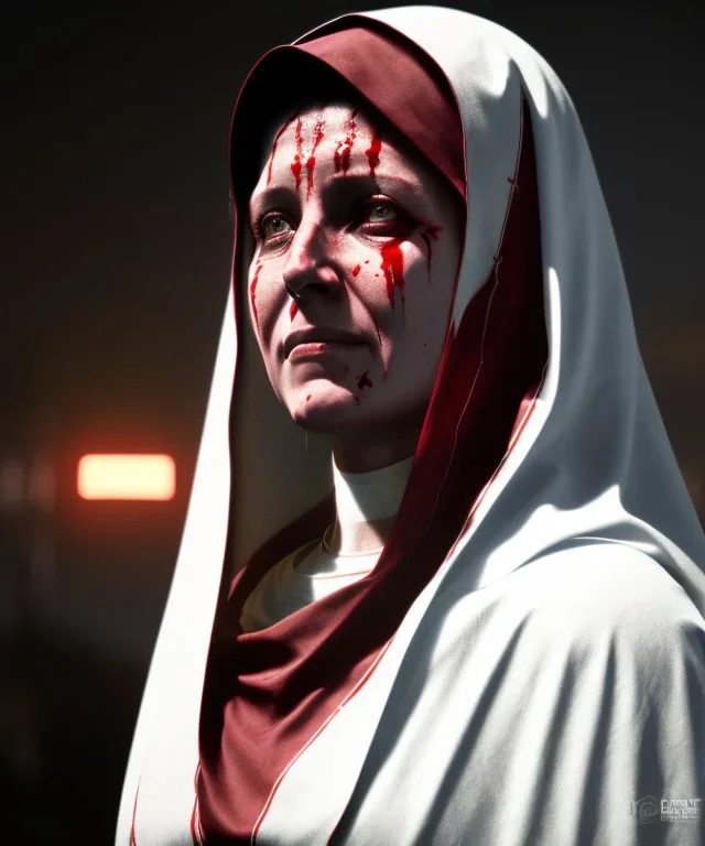 The Virgin Mary, cry in the dark, blood, darkness, Outlast, photorealistic illustration, 8k