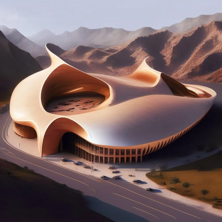 A cultural center and its ant shape simulating the design of Zaha Hadid, beige, with internal and external lighting, landscape, mountains, parking lots and people.