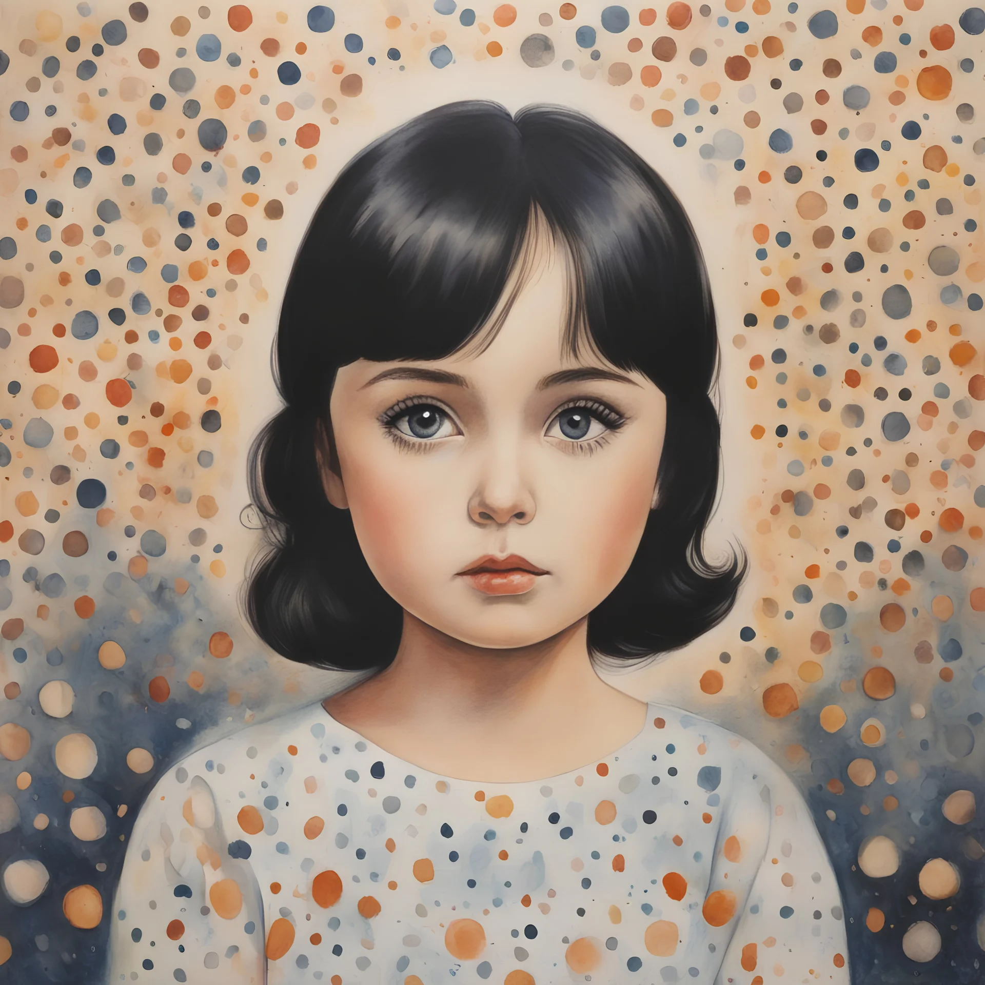 1970s, monica bellucci , little girl,in the style of Margaret Keane, watercolor dots in the background