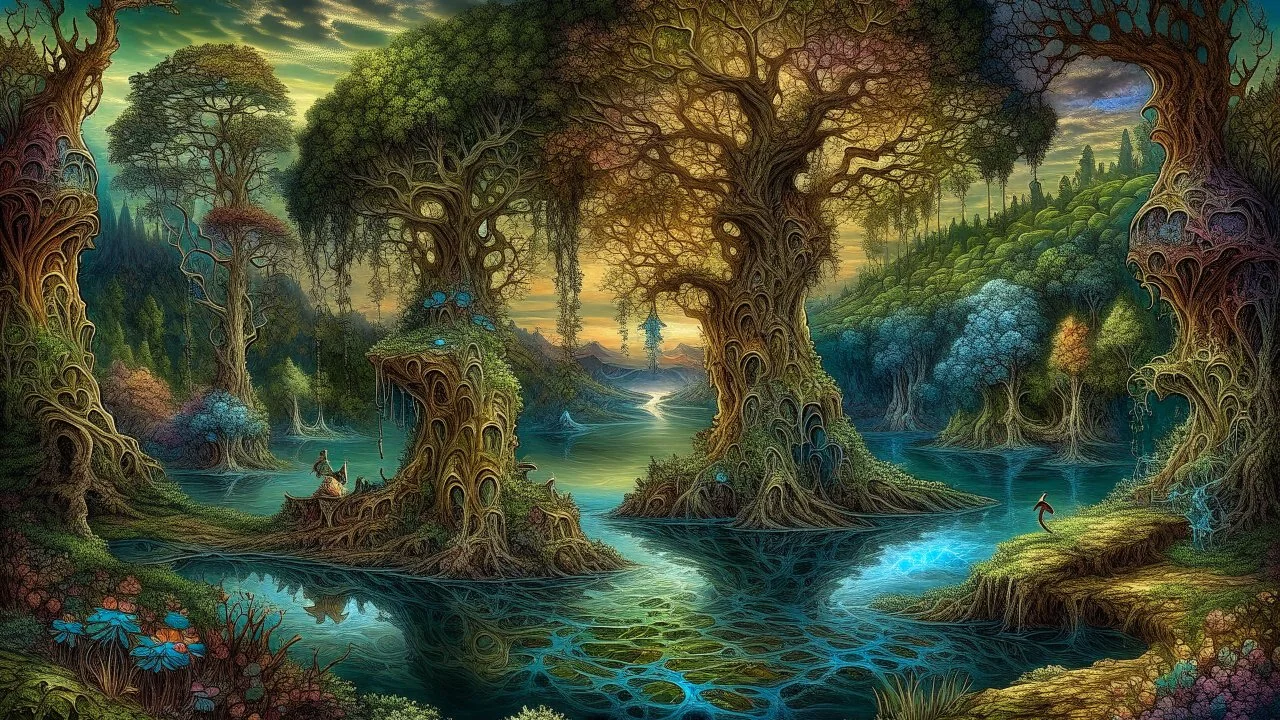 Imaginary landscape trees. . And he sells. Meh. lake.Underwater ornamental perfect anatomy, fantasy, vibrant digital art professional award winning masterpiece, oil on canvas Atmospheric extremely detailed Josephine Wall