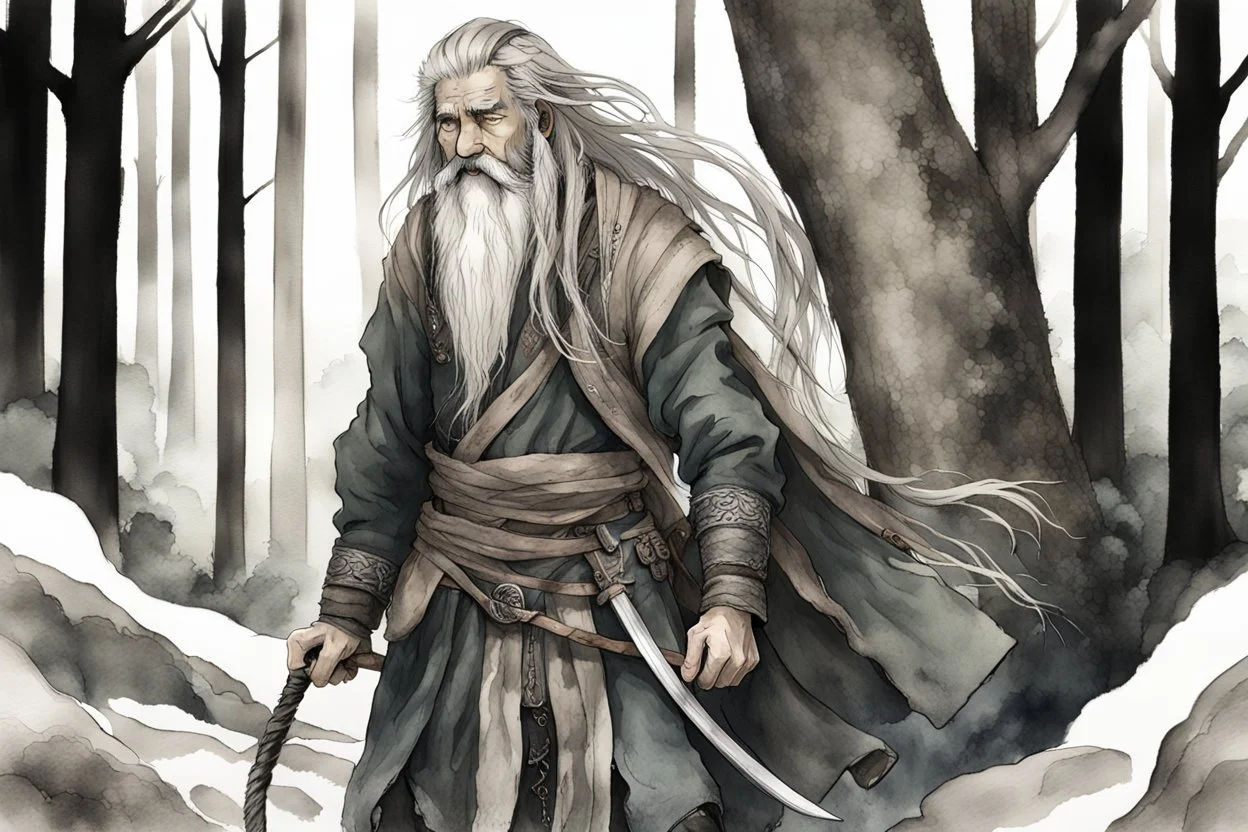 ink wash and watercolor illustration of an ancient grizzled, gnarled kitsune vagabond wanderer, long, grey hair streaked with black, highly detailed facial features, sharp cheekbones. His eyes are black. He wears weathered roughspun Celtic clothes, emaciated and tall, with pale skin, full body , thigh high leather boots within a forest of massive ancient oak trees in the comic book style of Bill Sienkiewicz and Jean Giraud Moebius , realistic dramatic natural lighting