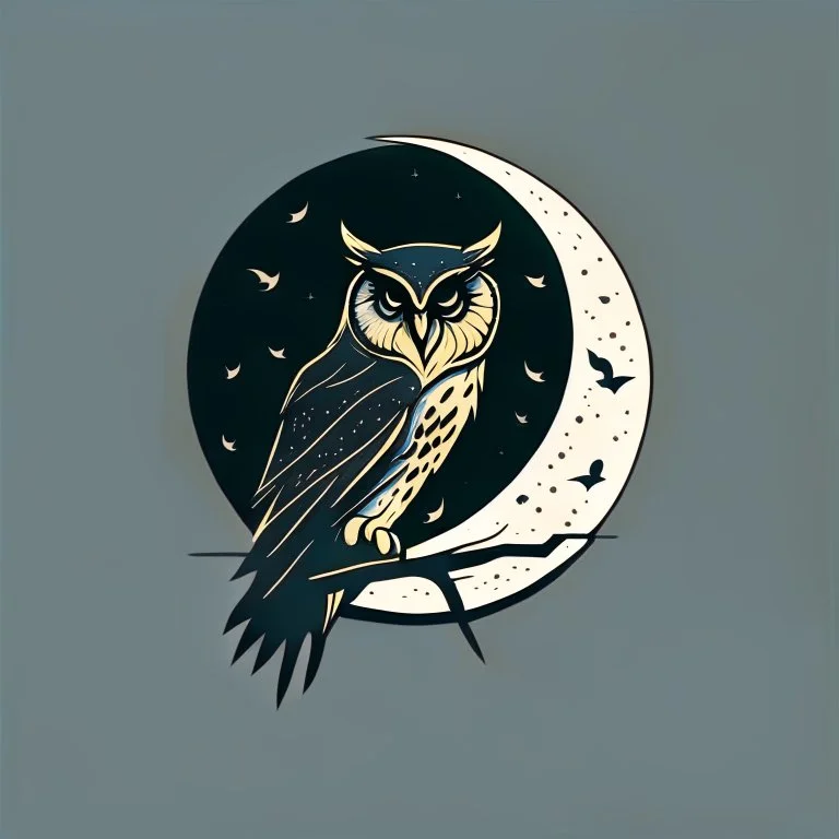 Owl + moon. Logo design minimalist. Soft colors. Dark. Sketch In the style of russian constructivism