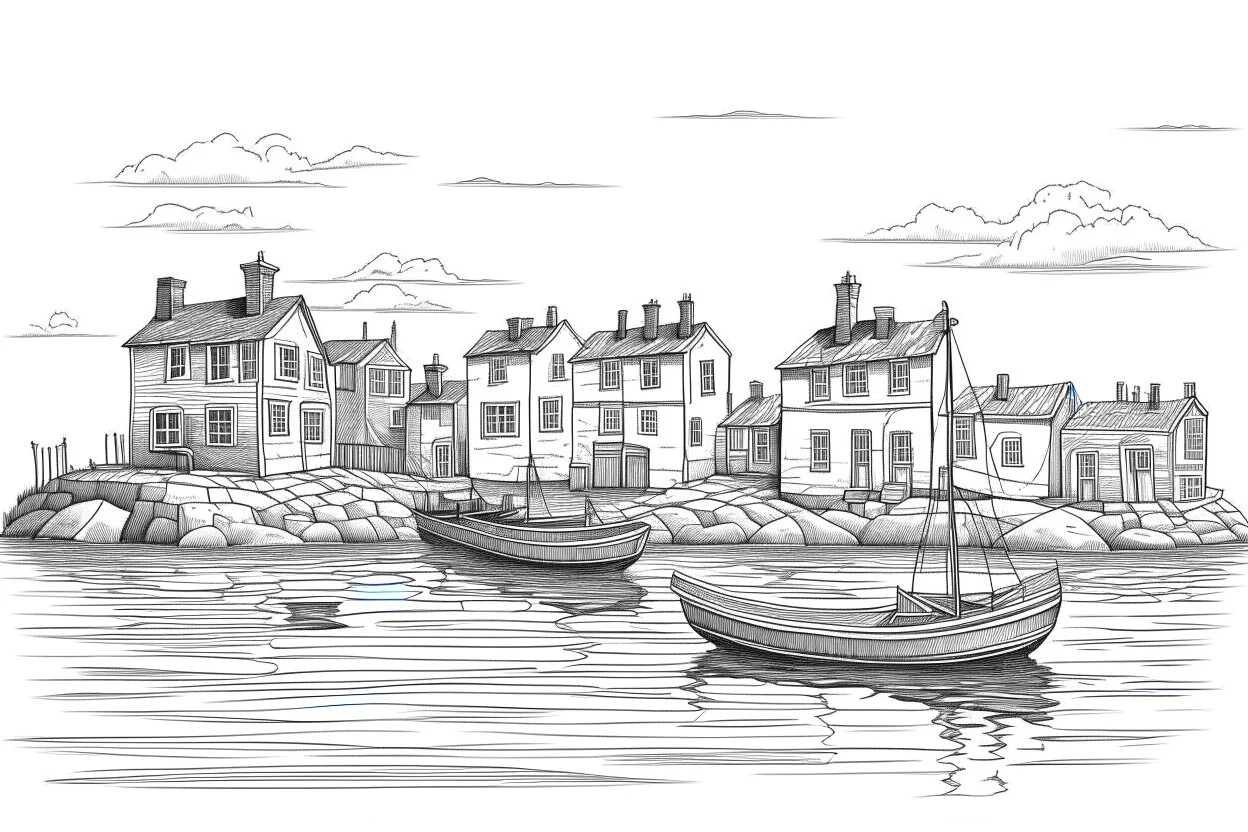English fishing village light hb pencil line art minimalist