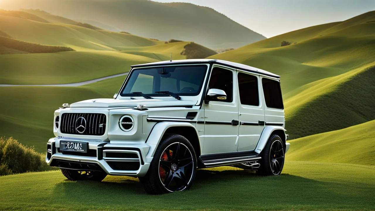 A (((G-class hypercar Body))) with its sleek,, featuring a bold, menacing grille and powerful lines, evoking a harmonious balance between sophistication and muscle, against a backdrop of verdant hills at noon, ideal for a dynamic desktop wallpaper