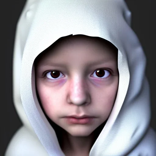 hooded girl, white eyes, realistic