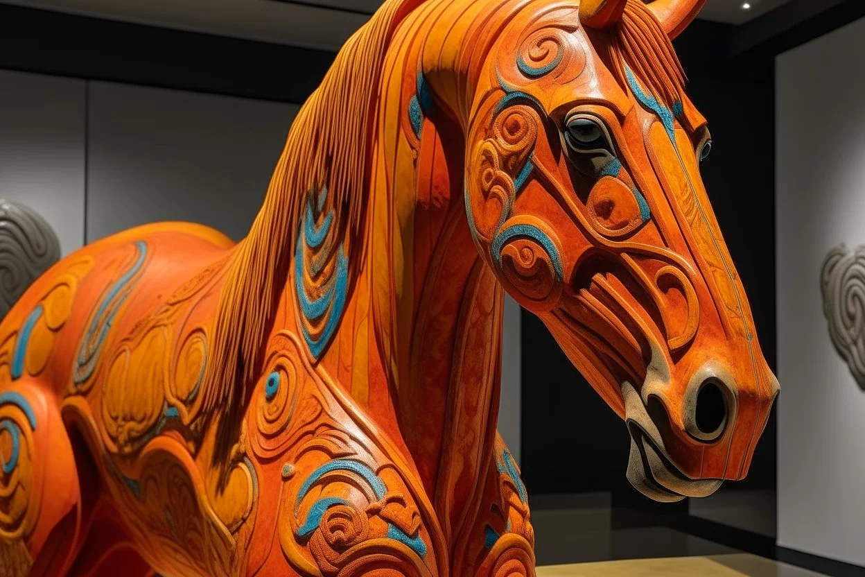 An orange colored earth elemental horse designed in Maori sculptures painted by Andy Warhol
