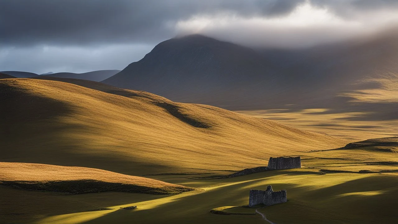 Mountainous landscape in the Hebrides, sunlight, chiaroscuro, awe-inspiring, beautiful composition, award-winning photograph