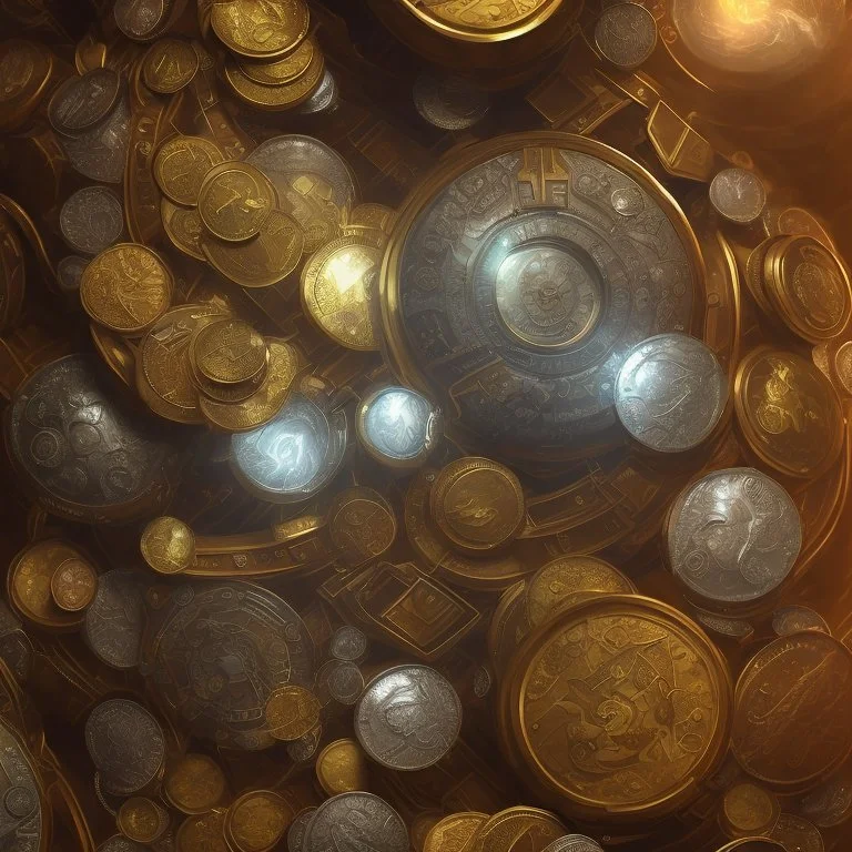 dynamic lighting, Intricately detailed, Splash screen art, deep color, Unreal Engine, volumetric lighting, silver coins, chest full of silver coins, vault of treasure, bank vault,