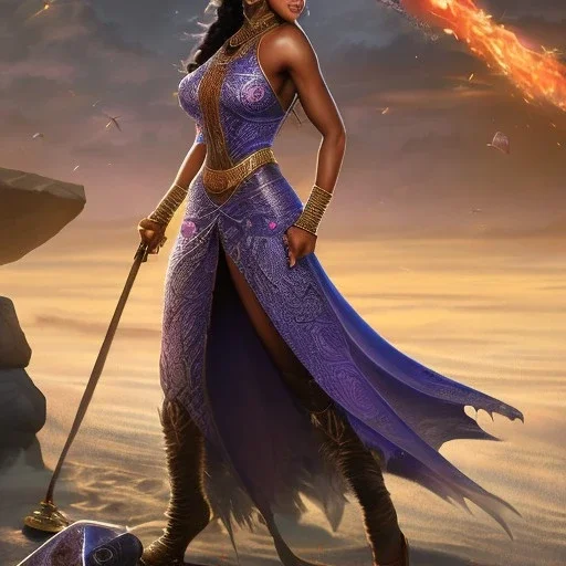 fantasy setting, woman, dark skin, Indian, 20 years old, magician, warrior, hourglass body shape, bicolor hair, muscular, cinematic, Arabian clothes, dark clothes, war clothes, insanely detailed, Arabian style, half-hawk haircut, medieval