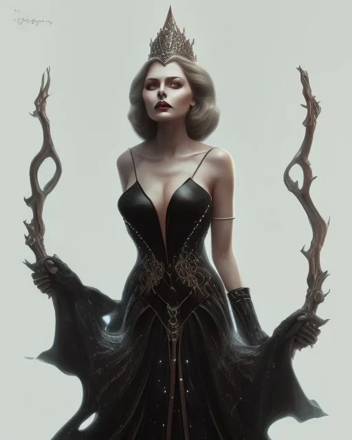 old evil queen in black leather gown, femme fatale, volouptous, busty, cleavage, angry, emperious, 8k resolution concept art portrait by Greg Rutkowski,