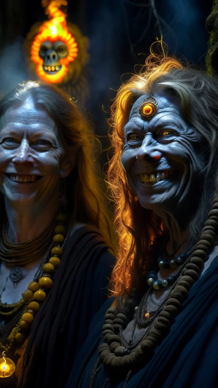 close up portrait of merciless smiling medieval high priestess countess gorilla and her creepy sister in big eyed trance, fire ball portal, full moon, swirly mist,autumn wind, arcane invocation ritual of smoke demon with immense power in luminous stone altar ruins in dark forest grove, shot on Hasselblad h6d-400c, zeiss prime lens, bokeh like f/0.8, tilt-shift lens 8k, high detail, smooth render, down-light, unreal engine, prize winning