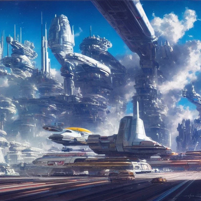 Spaceport on a heavy industrialized planet with a vibrant city in the background and a starting spaceship in the foreground, art by John Berkey, buildings with glass facades, insanely detailed, vibrant, 8k uhd, cinematic atmosphere, ultra-wide angle, street level view, brush strokes, blue sky with clouds, sharp focus