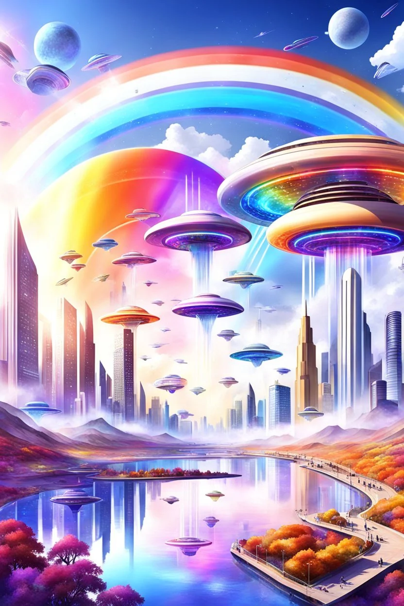 ville futuriste ultra moderne, ufos, rainbows,intergalactic city