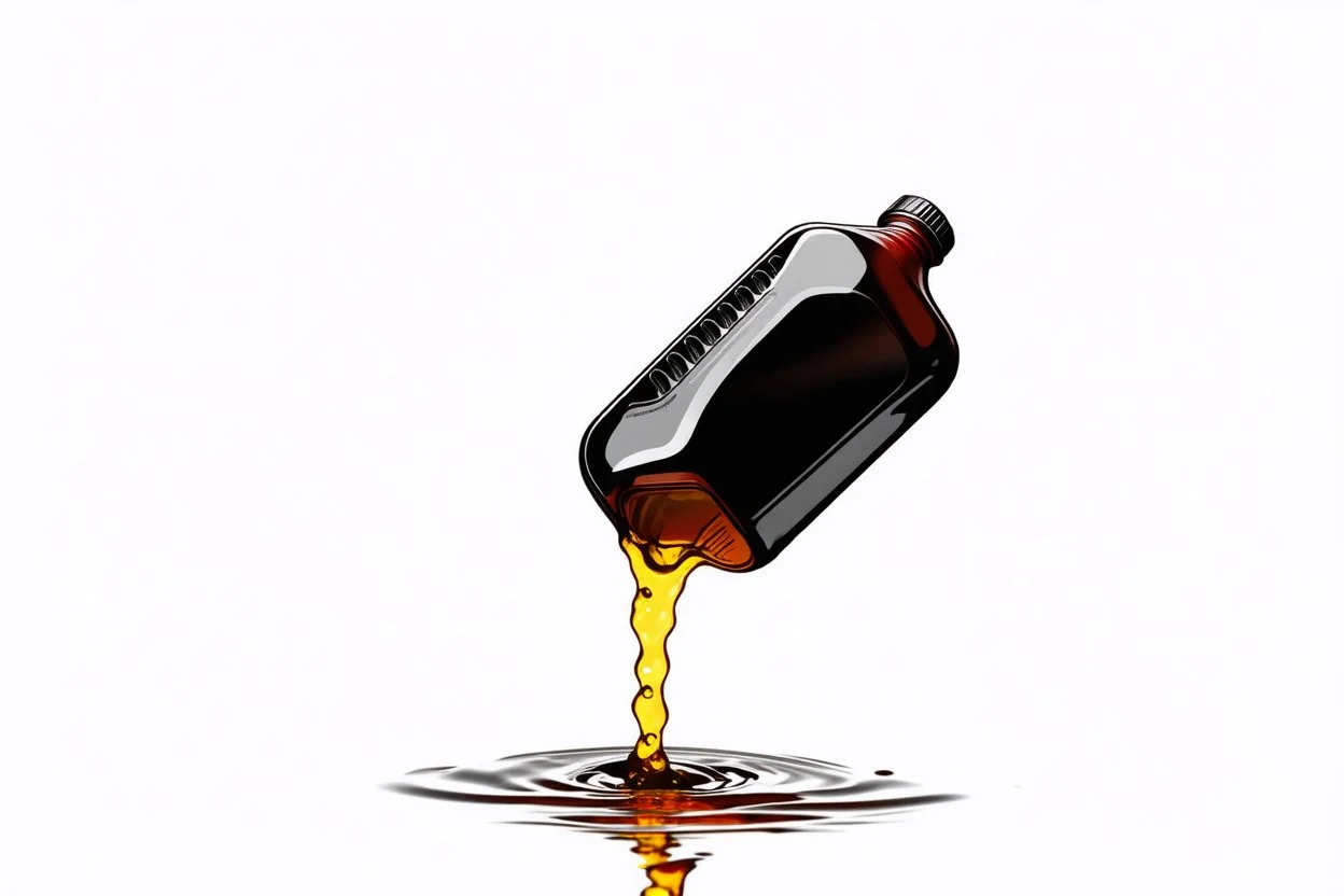 a plastic motor oil bottle floating on side pouring out oil the opening. white background, Smooth vector