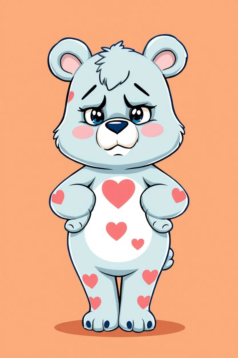 labubu dressed as a grumpy care bear, cartoon on solid background color