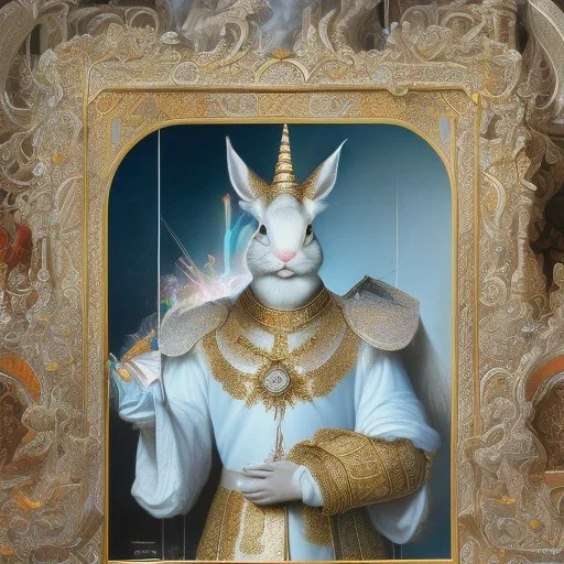 fantasy magic, sharp focus, illustration, highly detailed, digital painting, concept art, art germ and Paul Lewin and Kehinde Wiley, masterpiece silver rabbit with unicorn horn