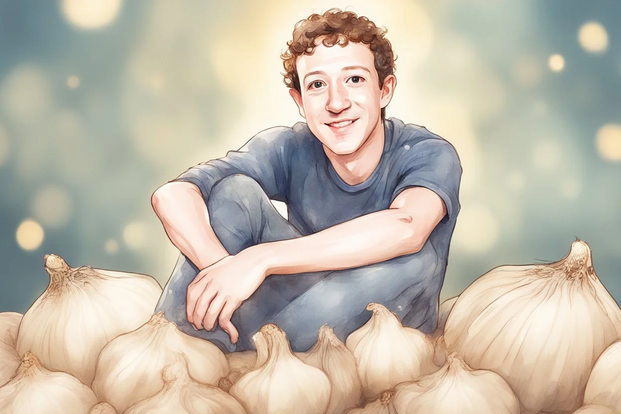 cute chibi mark zuckerberg with a big garlic in sunshine, watercolor and black in outlines, golden glitter, ethereal, cinematic postprocessing, bokeh, dof