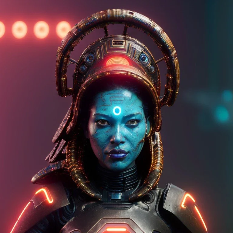 Maori cyber woman, sci-fi, rounded face, blood, black, gold, brown, samurai helmet, decorative color feathers, retro, simetric, circuits, neon style, a lot of led lights, fog, rain, leather, vibrant color, highly detailed, art stations, concept art, smooth, unreal engine 5, god rays, ray tracing, RTX, lumen lighting, ultra detail, volumetric lighting, 3d, finely drawn, high definition, high resolution.