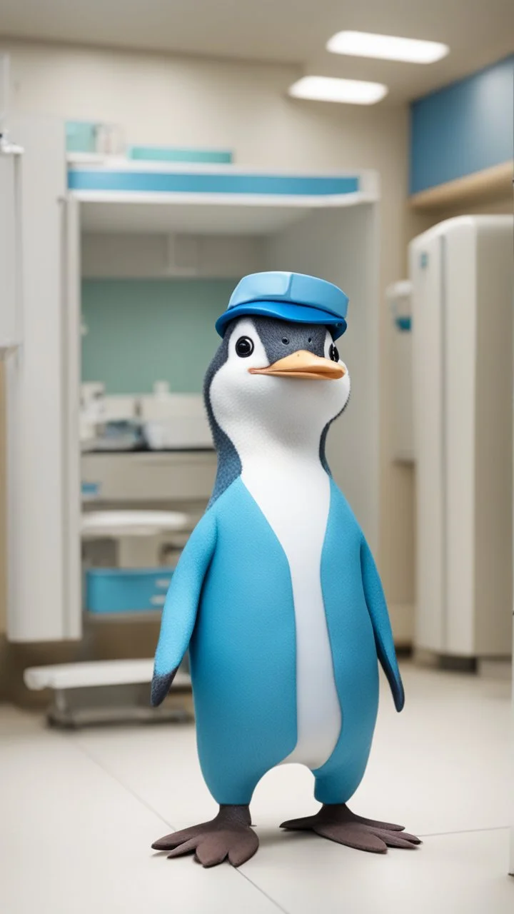 Un pingouin bleu portant l'uniforme d'un dentiste à l'intérieur de la clinique