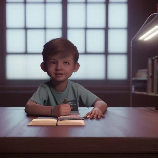 Kid in library on the table unreal 5, octane render,cinema4d, dynamic lighting, dramatic lighting, 4k, redshift render, highly detailed, hyper realistic, library