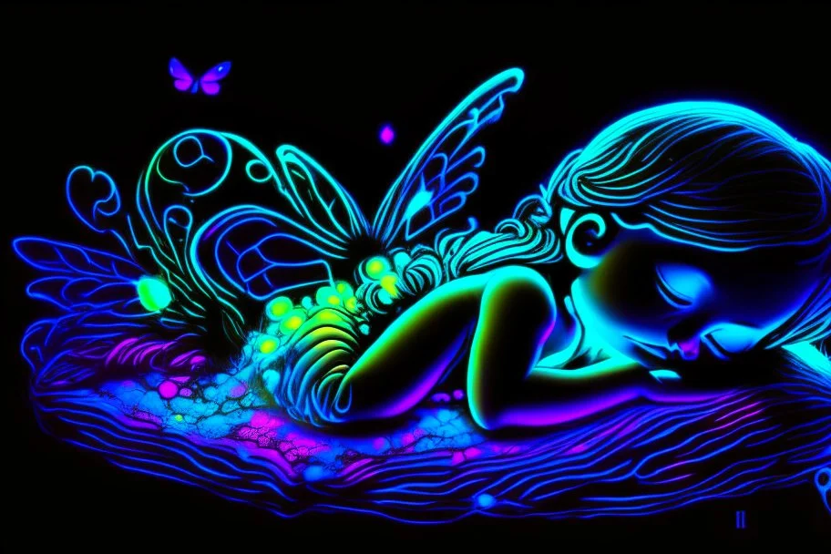 black light art neon colors cute sleeping fairy