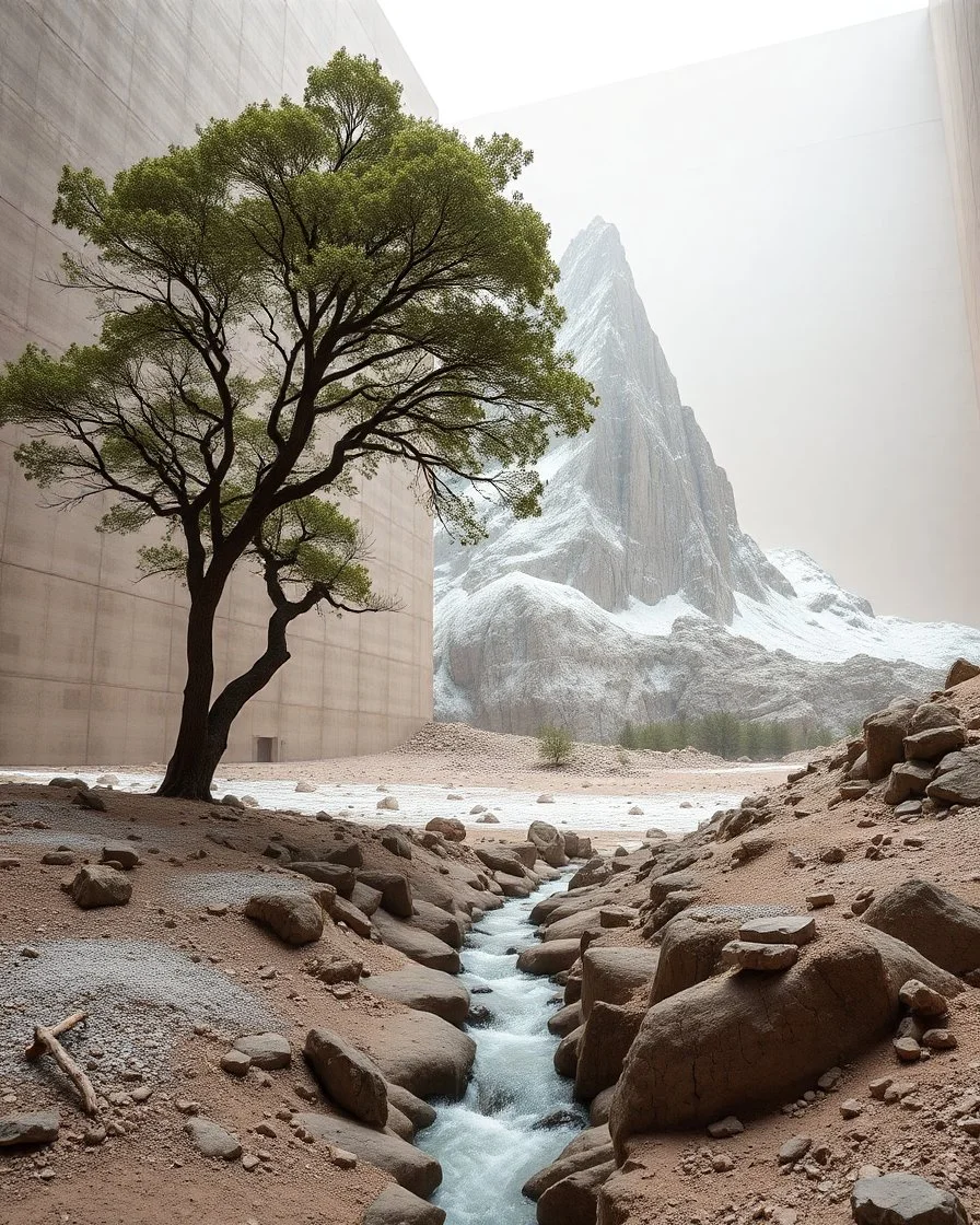 Photograph, a mass of terrain, giant museum space, tree, high walls, high peak in a room, rag, powder, brook, sediments, deflagration of the background, geological formation, light, architecture, minimalist, details of the terrain very accentuated, 8k, deep 3d field, sharp, brutalist, hasselblad h6d400c --ar 85:128 --v 6.0