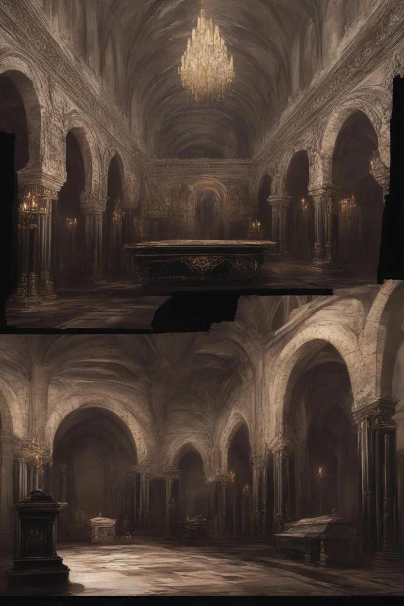 Toomb of the vampire Count Strahd Von Zarovich. Grand room, stone and marble, dark, black coffin made of polished ebony wood and brass. No windows. Perspective close to the coffin.