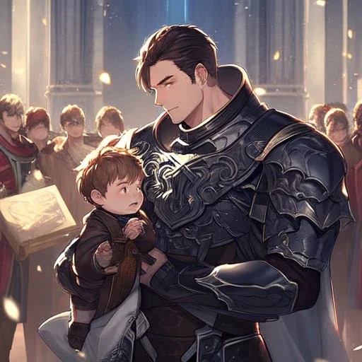 Boy wearing leather armor with family