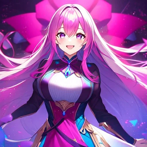 girl, masterpiece, best quality, volumetric lighting, detailed outfit, perfect eyes, fuchsia hair, fuchsia eyes, long hair, laughing,