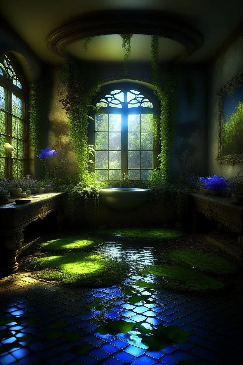 fantasy, gothic, vintage , fairy room ,open area without a wall,colorful petunia, lots of greenery, moss, ivy, morning light, near a stream, pond, blue wisteria, photorealistic painting, high detail, hyperdetalization, megarealism, surrealism, fractal, filigree, botanical fantastik, beautiful, aesthetically pleasing, saturated, exquisite, magically, gently, clear details