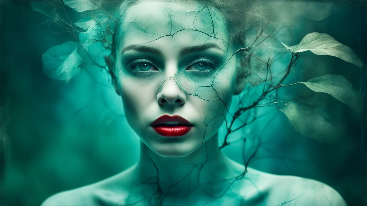 old retro photograph, light vignette, faded, worn and cracked, double exposure, surrealism, female humanoid from another world, red lips, half body, greenish blue pale transparent glowing skin, bald head, plants growing out of head, tattoo on head, alien transparent eyes, double exposure, hyperdetail, double exposure, Anna Razumovskaya, Anna Dittmann, Luis Royo, Neo-impressionism, expressionism, oil painting. Bold, detailed and textured brushstrokes reminiscent of Royo and Peter Coulson. Deep co