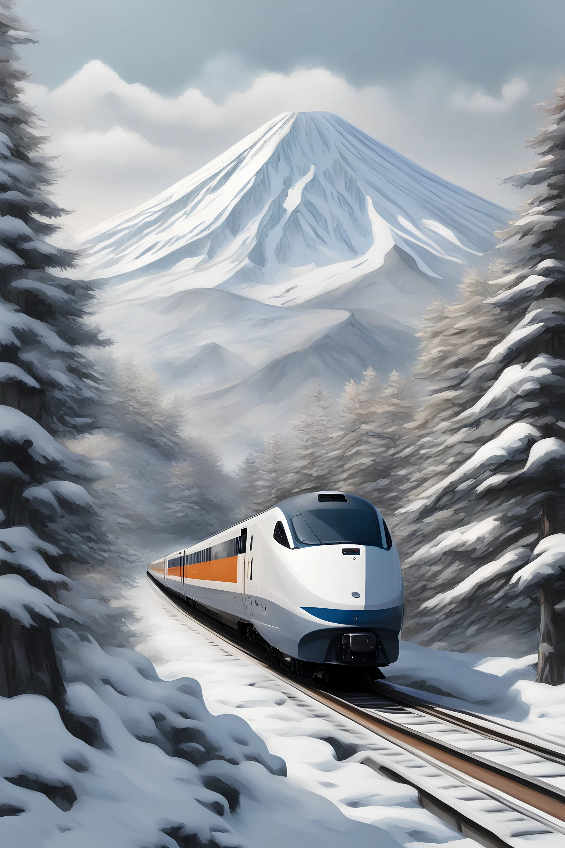 a bullet train speeding around a snowy mountain in Tokyo, matte painting, hyperdetailed, hyperrealistic, 4k, acrylic on canvas, bold lines