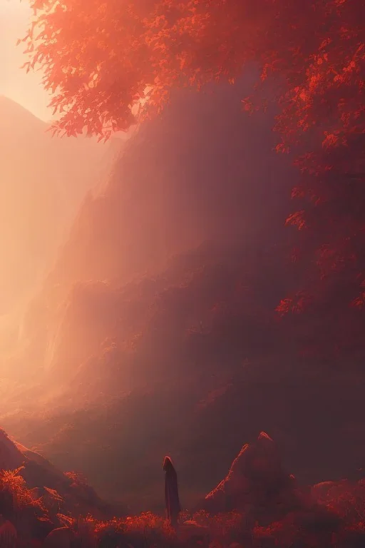 Jesus portrait at dawn by atey ghailan, golden light , white robe, mountains in background, volumetric light, high detail, red leaf trees, art station, perfect