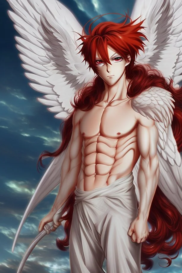 An anime adult male angel with messy red hair, gold eyes, large feathered white wings that looked burned