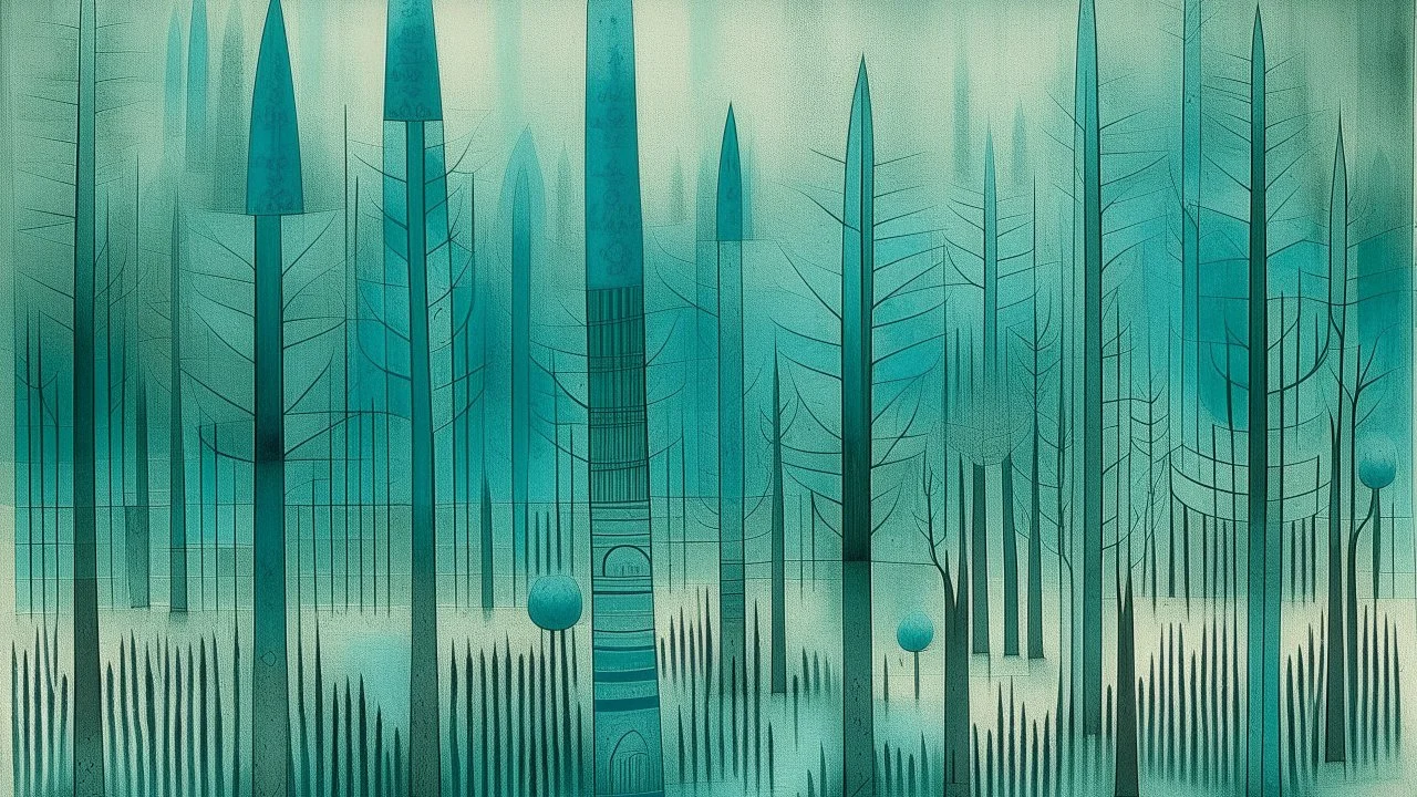 A cyan forest covered in fog designed in ancient Egyptian architectures and sculptures painted by Paul Klee