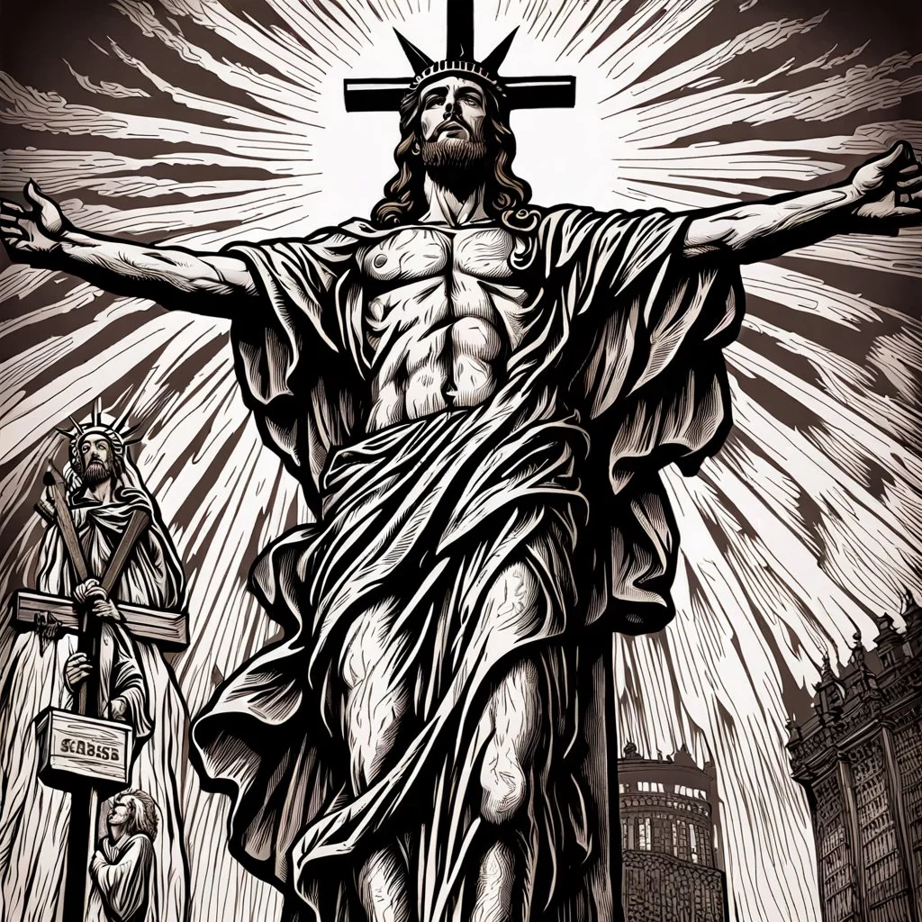 crucified on the cross christ liberty hybrid tone, american flag robes, line tone ,woodcut, engraved, wall street journal style, statue of cruicified Jesus of Liberty with a beard and wearing a cross and hanging from a cross, The statue male, hyperdetailed intricately detailed photoillustration ink drawing dystopian 8k resolution entire body of the statue is in the picture. digital illustration telephoto lens photography , same colors as the us treasury's one dollar bill, crucified"