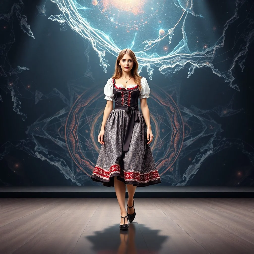 A full-body shot of a beautiful lady wearing german folk costum walking on a nice stage and looking at the camera 3D fractal interstellar world.