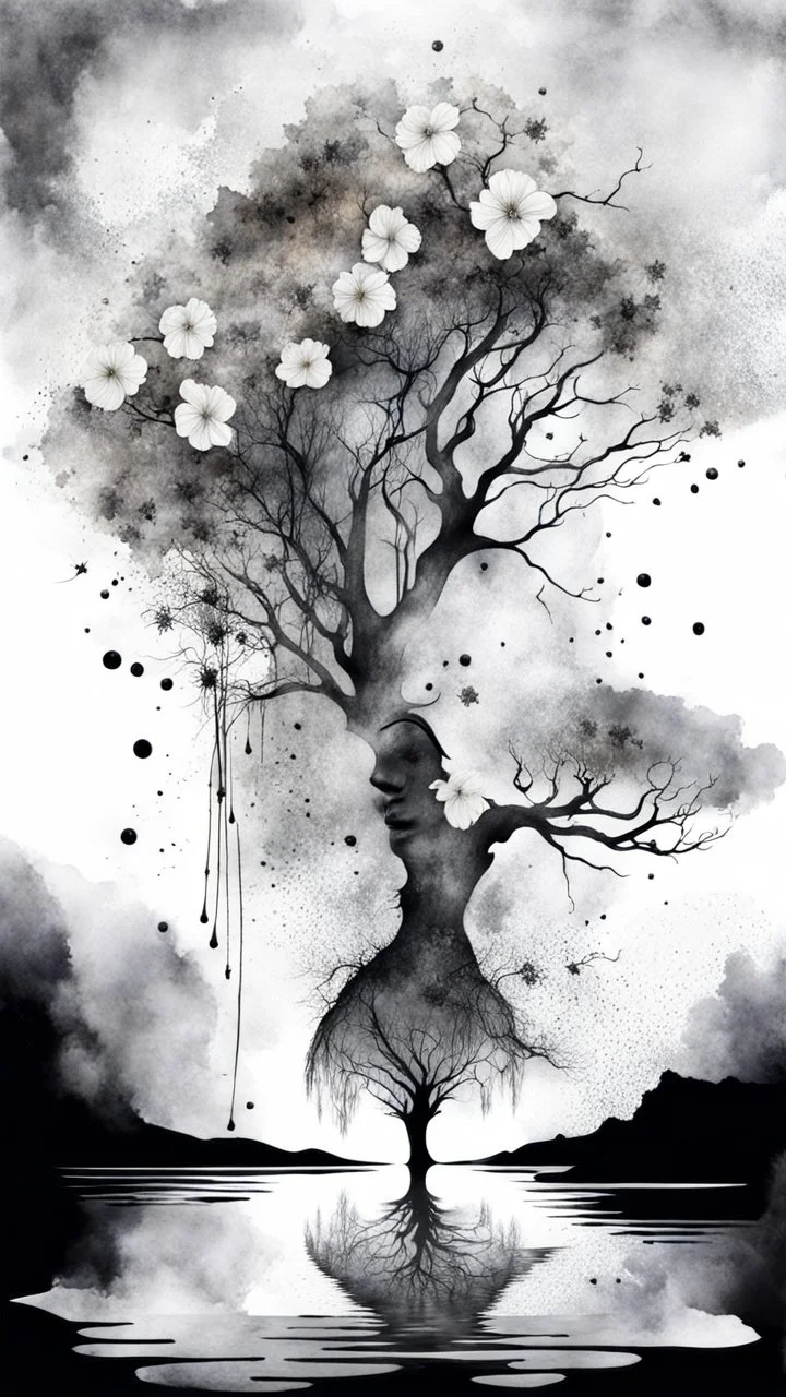 double exposure black and gray color Water color illustration with weet ink dry tree with fantasy flowers, profil face, deep dark , surreal, dramatic atmosphere. intricate, stunning textures , mystery. stunning illustration