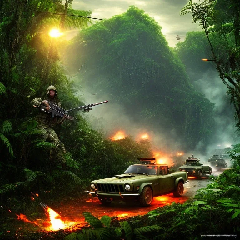 vietnam war. jungle. cd cover. bokeh. lens flare. warm lights. high detailed